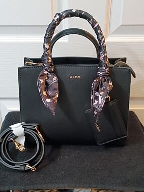 Aldo Black Structured Satchel with Floral-Print Handle Wrap